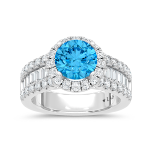 14K White Gold Lab Grown Round Shape Blue Diamond 3 1/2 Ct.Tw. Engagement Ring (Center 2 CT)