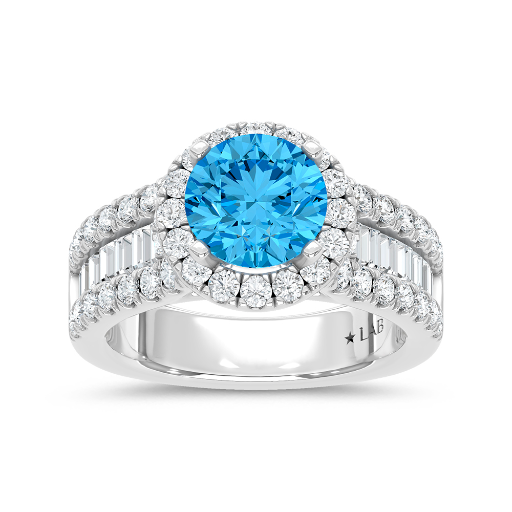14K White Gold Lab Grown Round Shape Blue Diamond 3 1/2 Ct.Tw. Engagement Ring (Center 2 CT)