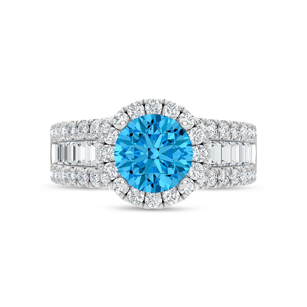 14K White Gold Lab Grown Round Shape Blue Diamond 3 1/2 Ct.Tw. Engagement Ring (Center 2 CT)