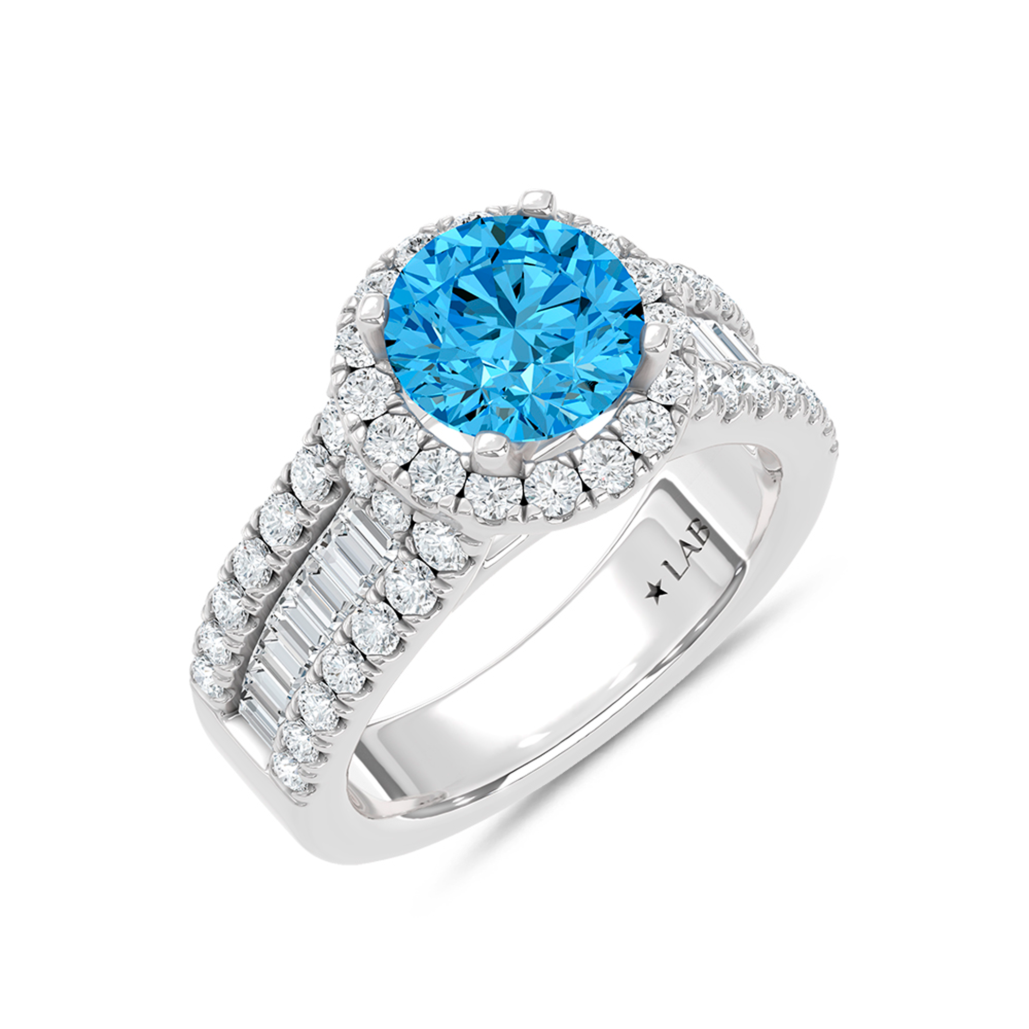 14K White Gold Lab Grown Round Shape Blue Diamond 3 1/2 Ct.Tw. Engagement Ring (Center 2 CT)