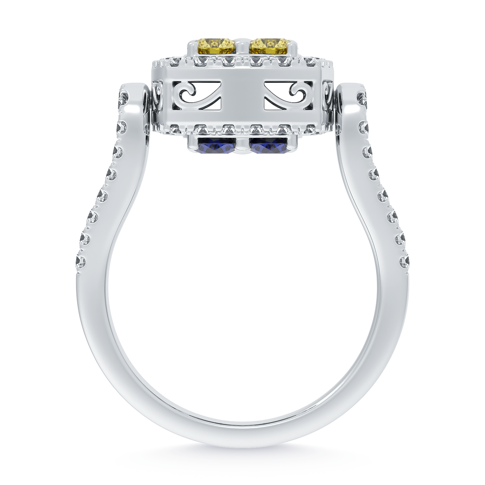 14K White Gold Lab Grown Round Shape Blue and Yellow Diamond 2 3/8 Ct.Tw. Flip Ring