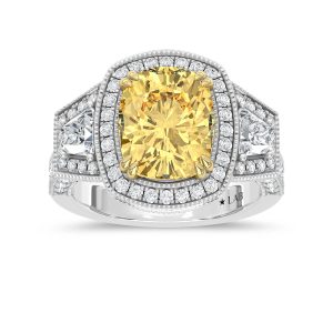 14K Two Tone Lab Grown Diamond 6 1/2 Ct.Tw. Yellow Cushion Engagement Ring (Center 5ct)