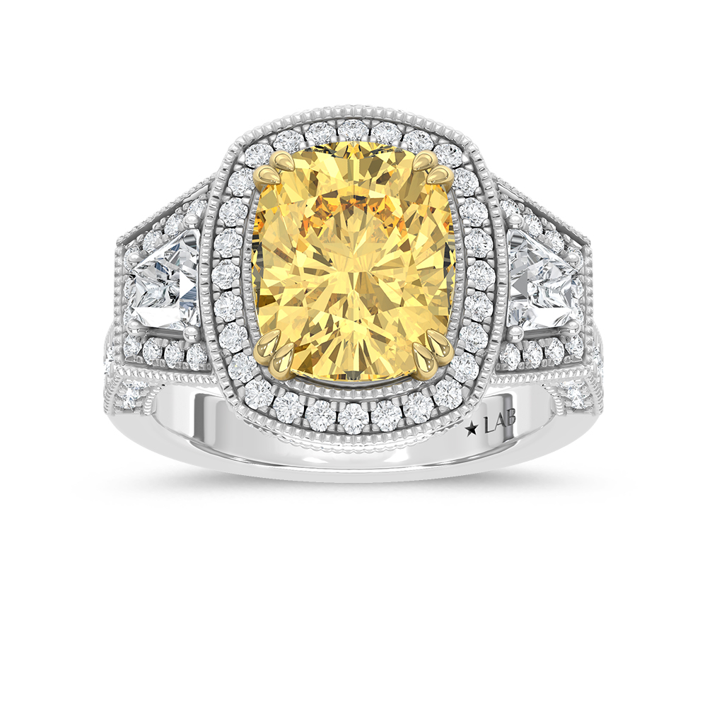 14K Two Tone Lab Grown Diamond 6 1/2 Ct.Tw. Yellow Cushion Engagement Ring (Center 5ct)