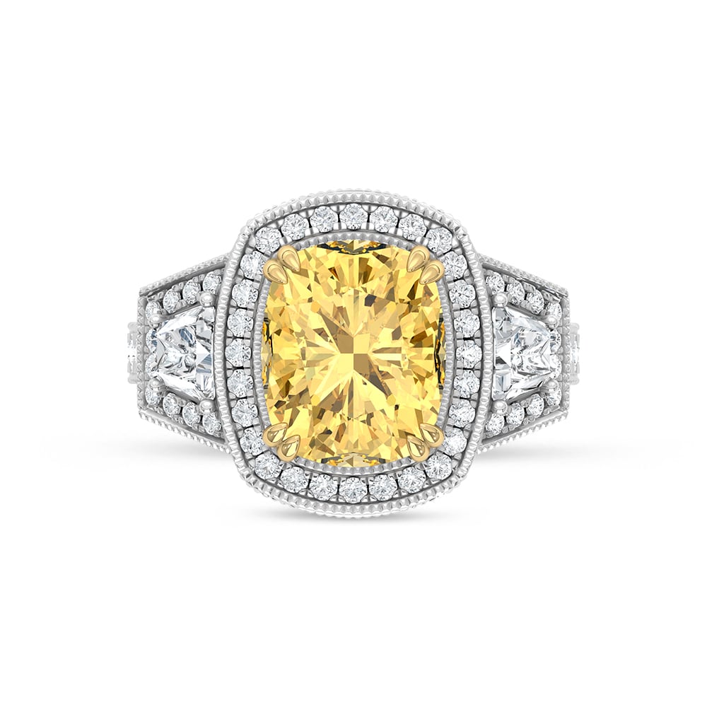 14K Two Tone Lab Grown Diamond 6 1/2 Ct.Tw. Yellow Cushion Engagement Ring (Center 5ct)