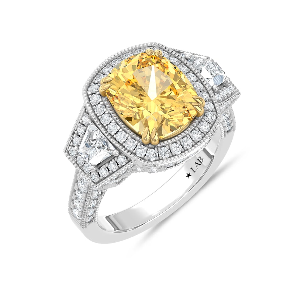 14K Two Tone Lab Grown Diamond 6 1/2 Ct.Tw. Yellow Cushion Engagement Ring (Center 5ct)