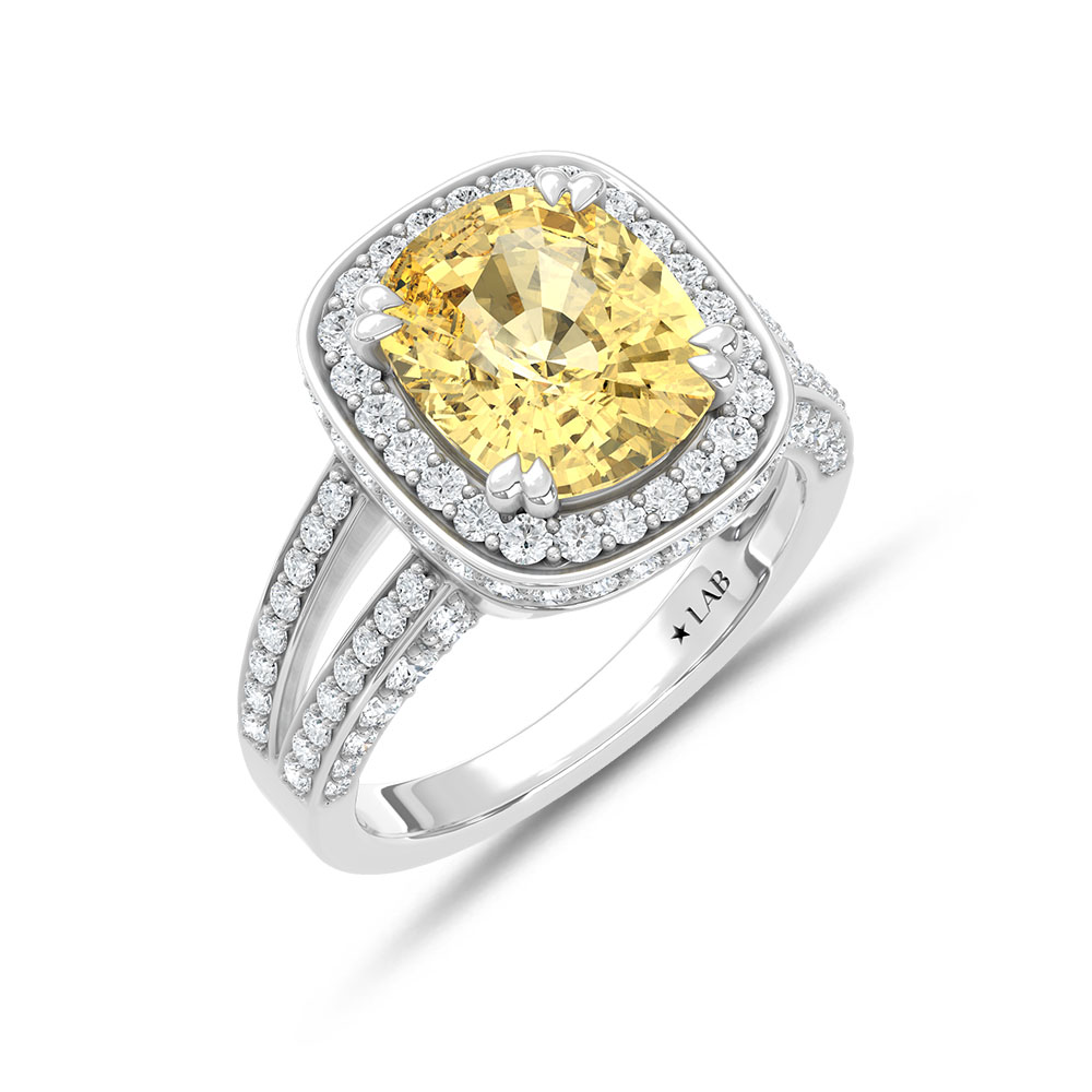 14K White Gold Lab Grown Diamond 6 1/8 Ct.Tw. Yellow Cushion Engagement Ring (Center 5ct)
