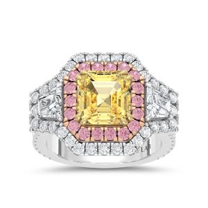 14K Two Tone Gold Lab Grown Diamond 5 5/8 Ct.Tw. Yellow Cushion Engagement Ring (Center 3ct)