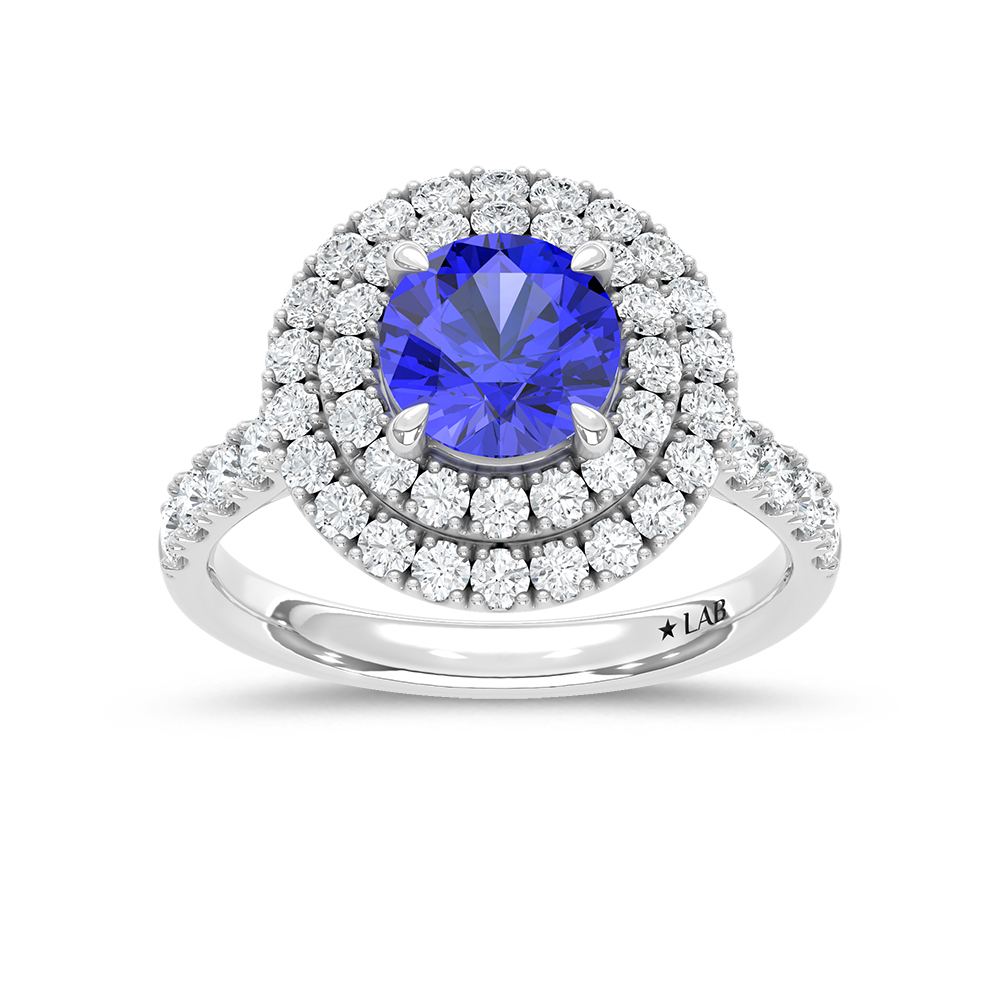 14K White Gold Lab Grown Diamond Blue Round Shape 2 5/8 Ct.Tw. Halo Engagement Ring (Center 2 CT)