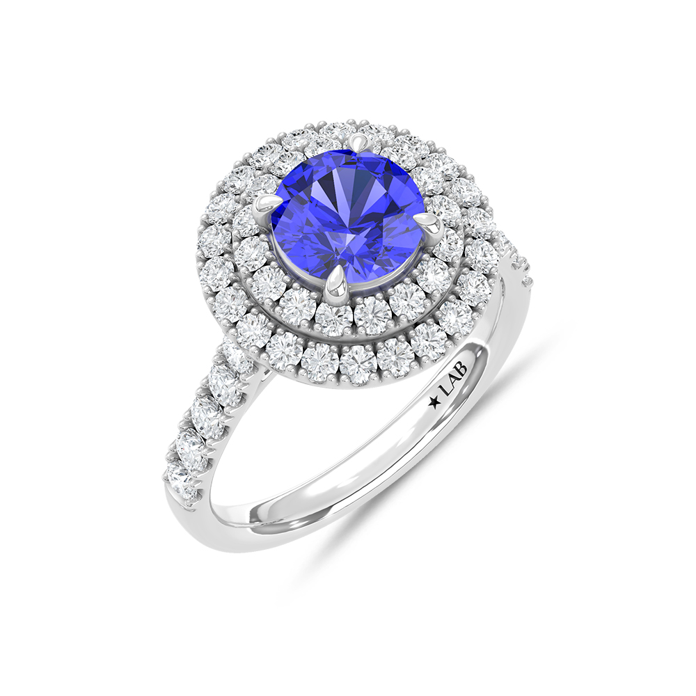 14K White Gold Lab Grown Diamond Blue Round Shape 2 5/8 Ct.Tw. Halo Engagement Ring (Center 2 CT)