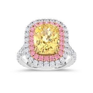 14K Two Tone Lab Grown Cushion Shape Pink and Yellow Diamond 6 7/8 Ct.Tw. Halo Engagement Ring (Center 5 CT)