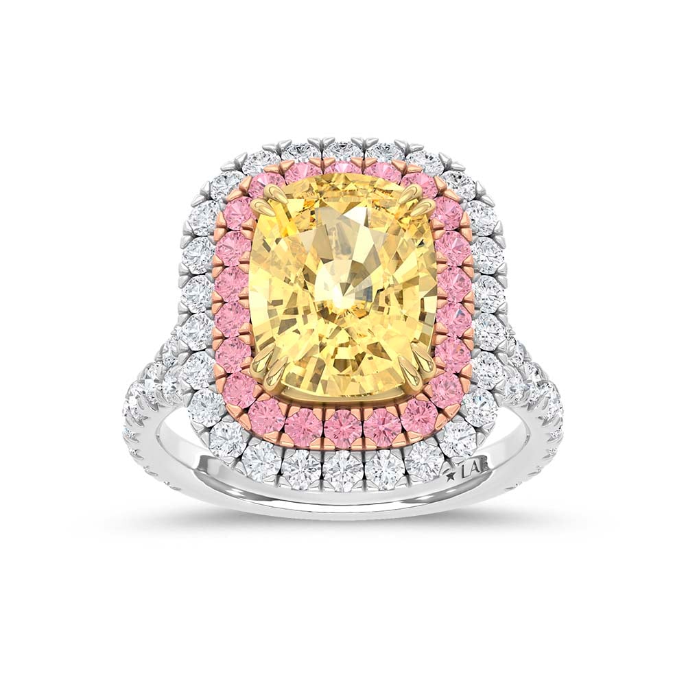 14K Two Tone Lab Grown Cushion Shape Pink and Yellow Diamond 6 7/8 Ct.Tw. Halo Engagement Ring (Center 5 CT)