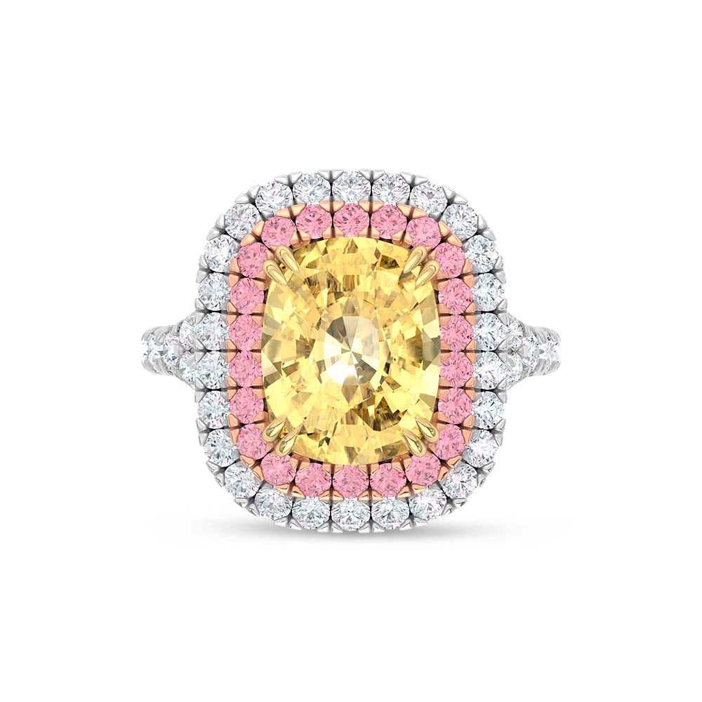 14K Two Tone Lab Grown Cushion Shape Pink and Yellow Diamond 6 7/8 Ct.Tw. Halo Engagement Ring (Center 5 CT)