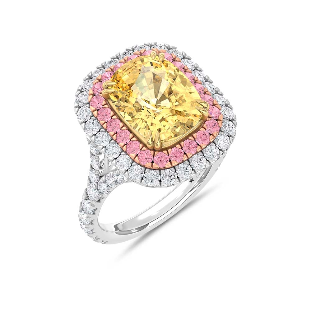 14K Two Tone Lab Grown Cushion Shape Pink and Yellow Diamond 6 7/8 Ct.Tw. Halo Engagement Ring (Center 5 CT)