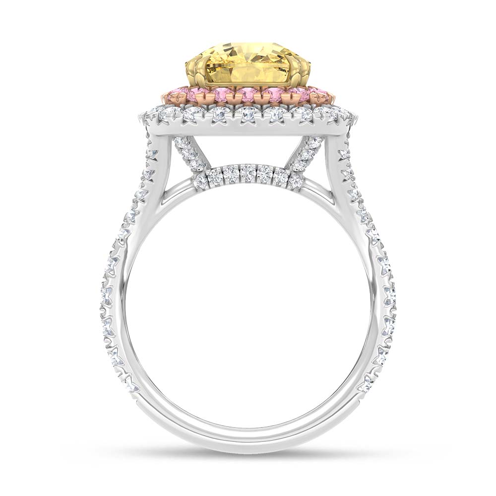 14K Two Tone Lab Grown Cushion Shape Pink and Yellow Diamond 6 7/8 Ct.Tw. Halo Engagement Ring (Center 5 CT)