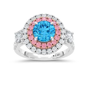 14K Two Tone Lab Grown Diamond 3 1/10 Ct.Tw. Blue Round Engagement Ring (Center 1 5/8ct)