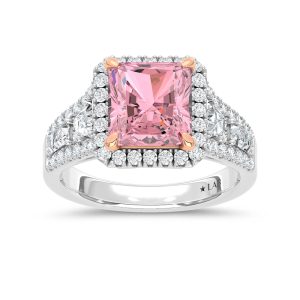 14K  Two Tone Lab Grown Diamond Pink Cushion Shape 4 Ct.Tw. Engagement Ring (Center 3 CT)