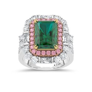 14K Three Tone Lab Grown Diamond 7 1/2 Ct.Tw. Green Emerlad Engagement Ring (Center 5 ct)