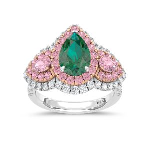 14K Three Tone Lab Grown Diamond 4 1/6 Ct.Tw. Green Pear Engagement Ring (Center 2 ct)