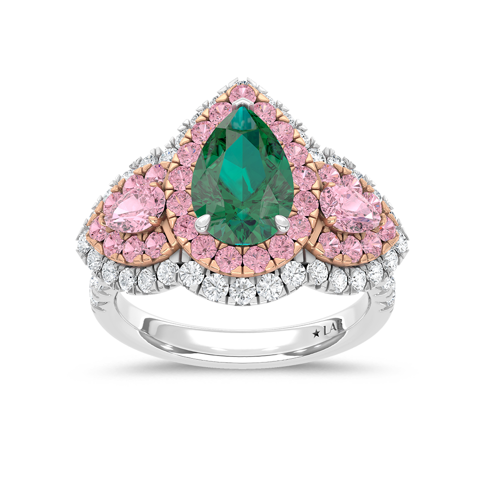14K Three Tone Lab Grown Diamond 4 1/6 Ct.Tw. Green Pear Engagement Ring (Center 2 ct)