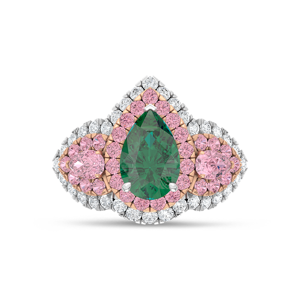 14K Three Tone Lab Grown Diamond 4 1/6 Ct.Tw. Green Pear Engagement Ring (Center 2 ct)