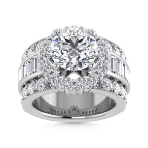 14K  White Gold Lab Grown Round and Baguette Diamond 3 3/8 Ct.Tw. Engagement Ring (IGI Certfied Center 2ct)