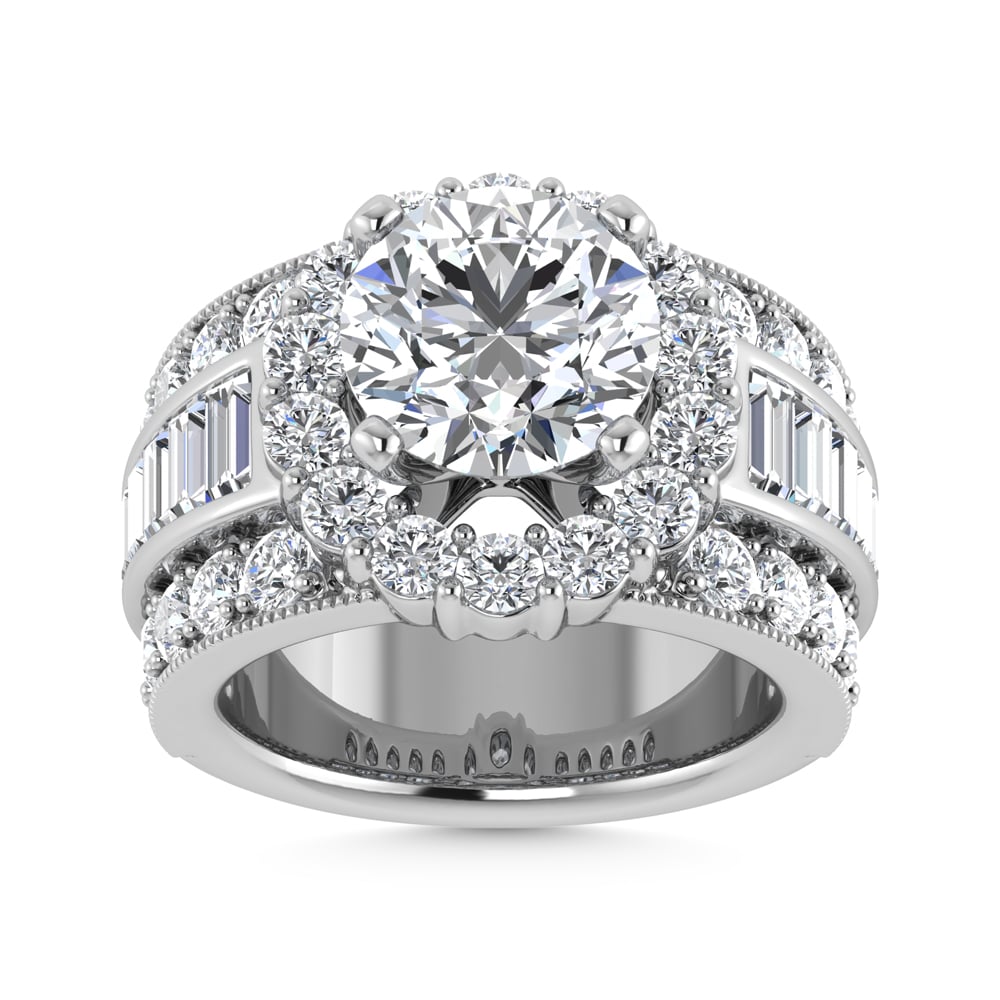 14K White Gold Lab Grown Round and Baguette Diamond 3 3/8 Ct.Tw. Engagement Ring (IGI Certfied Center 2ct)
