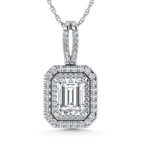 14K White Gold Lab Grown Diamond 3 3/4 Ct.Tw. Emerald Shape Fashion Pendant (Emerald Center 3 ct)