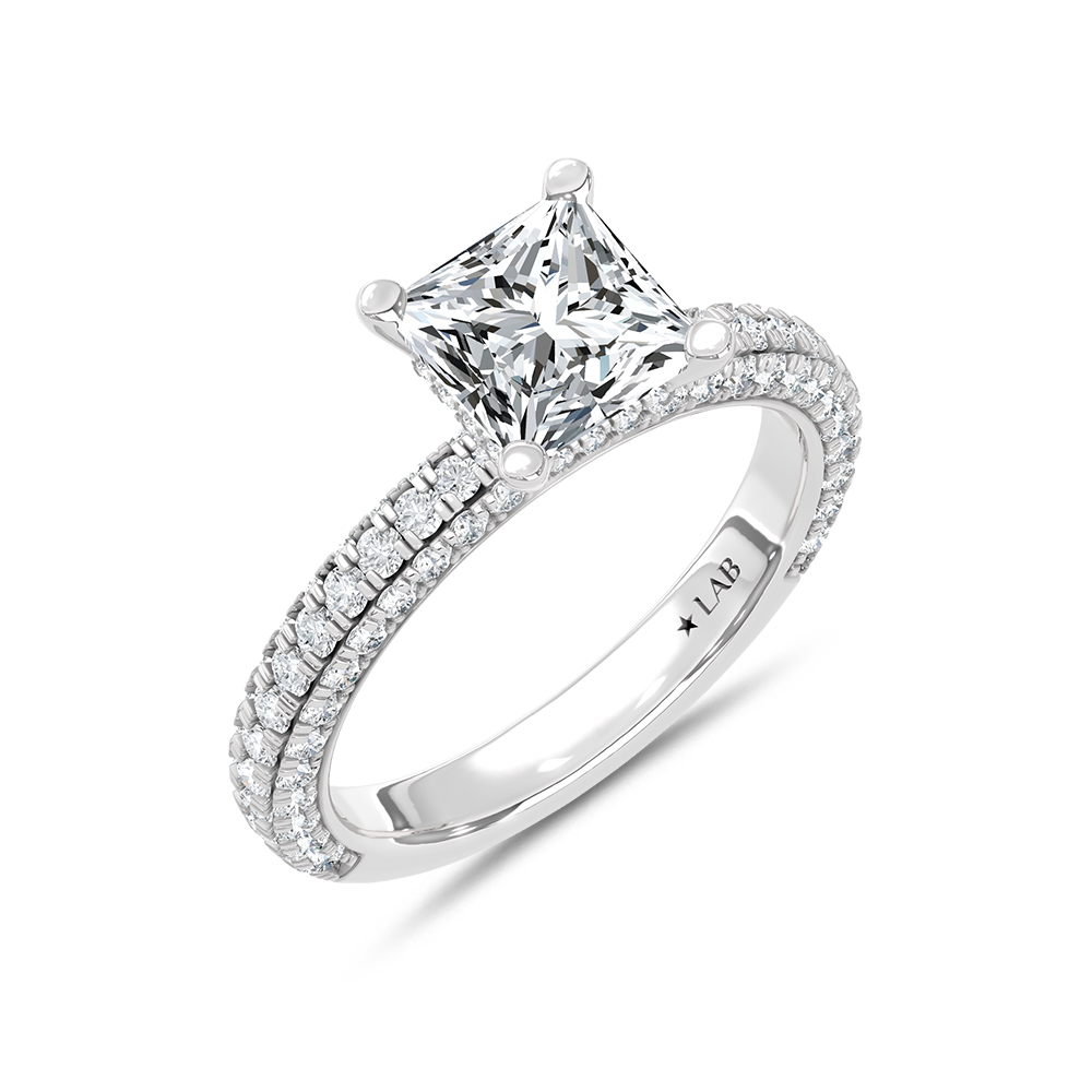 14K White Gold Lab Grown Diamond 3 Ct.Tw. Princess Shape Halo Engagement Ring (IGI Certified Center 2ct)