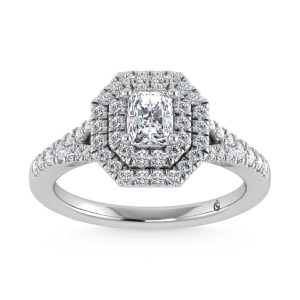 14K White Gold Lab Grown Diamond 1 ct.tw. Radiant Shape Halo Engagement Ring (1/2 ct Center)