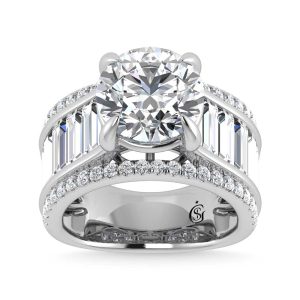 14K White Gold Lab Grown Diamond 8 1/6 Ct.Tw. Round and Baguette Shank Engagement Ring (IGI Certified Center 5ct)