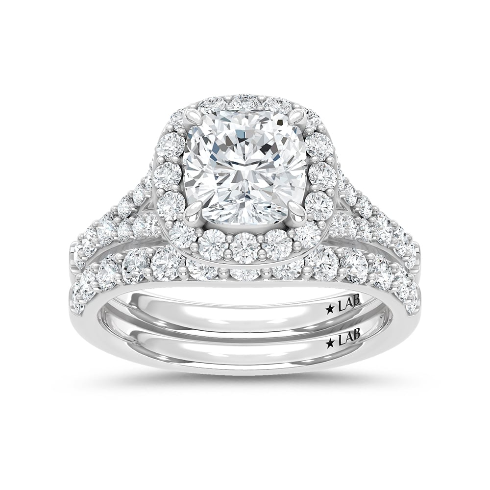 14K White Gold 3 Ct.Tw. Lab Grown Diamond Cushion Shape Bridal Ring (IGI Certified Center 2ct)