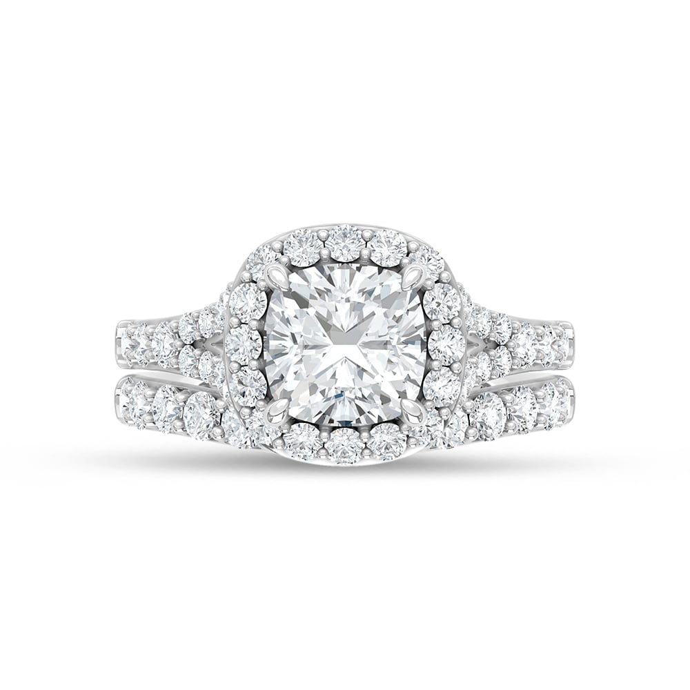 14K White Gold 3 Ct.Tw. Lab Grown Diamond Cushion Shape Bridal Ring (IGI Certified Center 2ct)