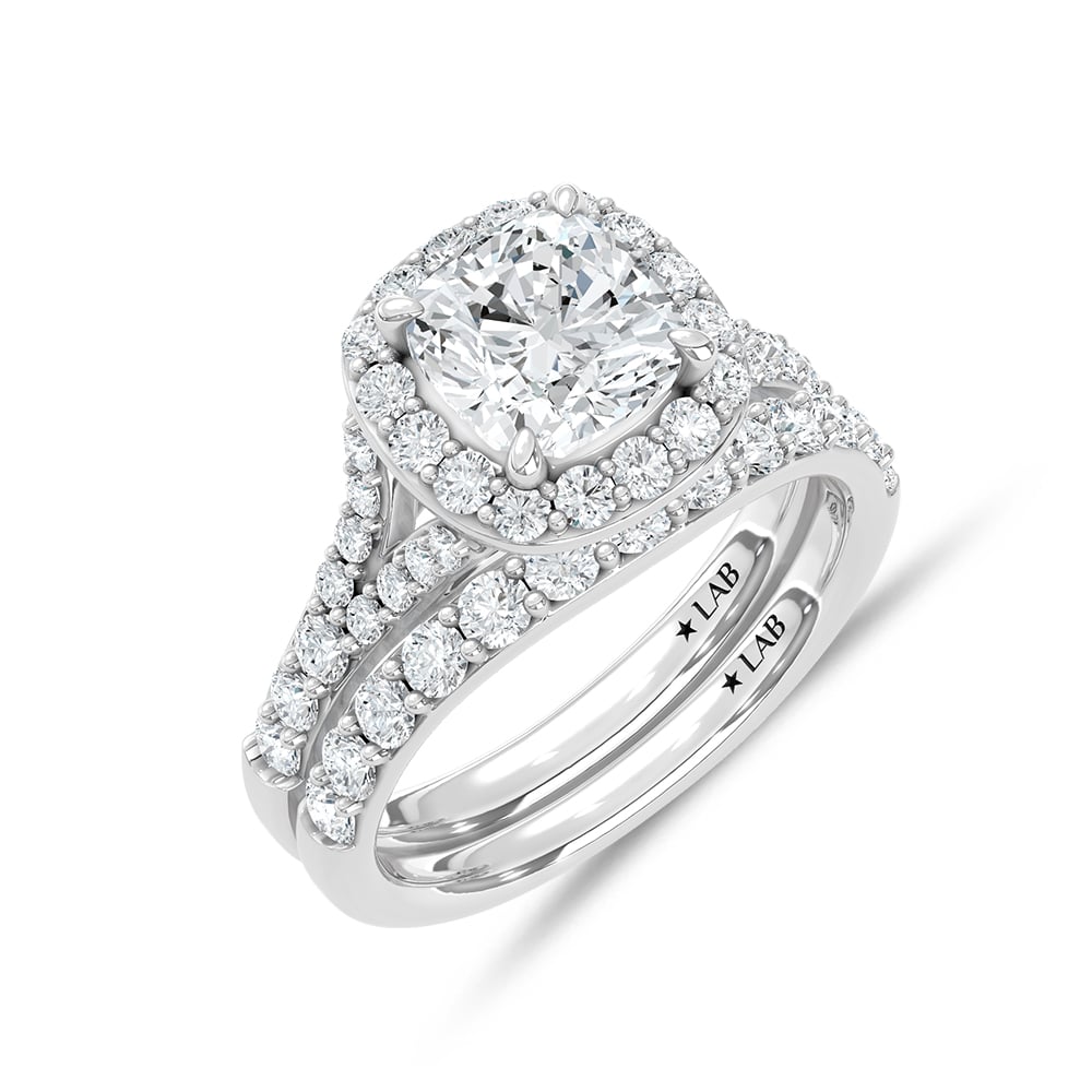 14K White Gold 3 Ct.Tw. Lab Grown Diamond Cushion Shape Bridal Ring (IGI Certified Center 2ct)