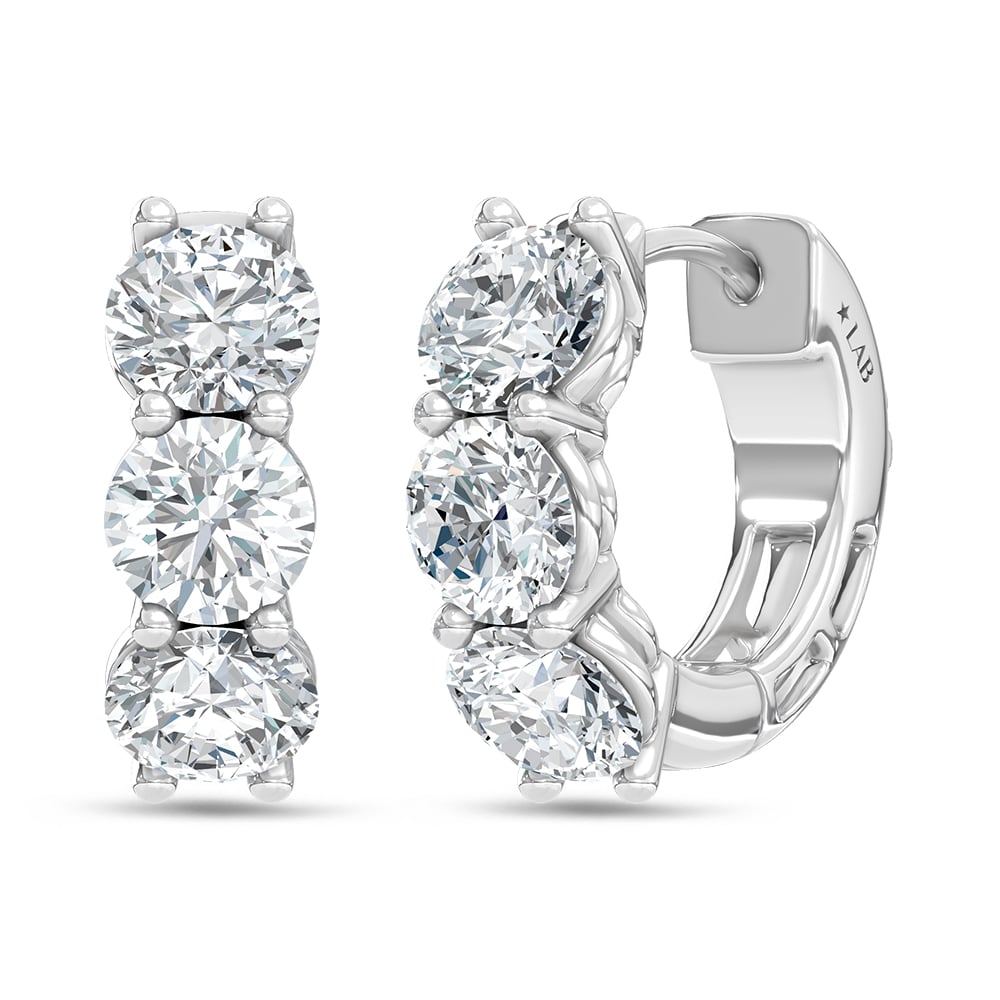 14K White Gold Lab Grown Diamond 1 1/2 Ct.Tw. 3 Stone Huggie Earrings