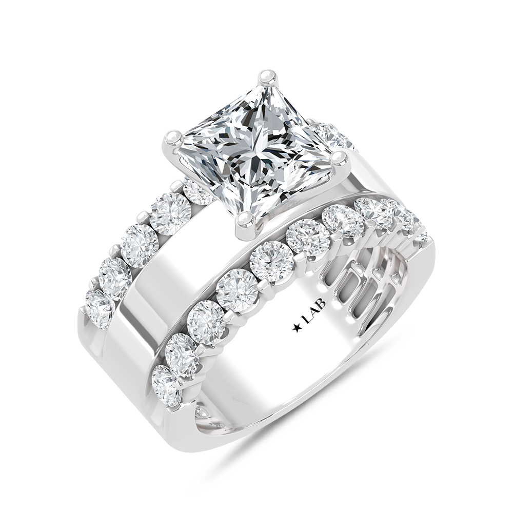 14K White Gold 3 1/2 Ct.Tw. Lab Grown Diamond Princess Shape Engagement Ring (IGI Certified Center 2ct)