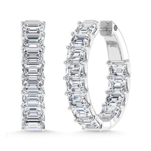 14K White Gold 4 Ct.Tw. Lab Grown Diamond Horizontal Emerald Shape In and Our Hoop Earrings
