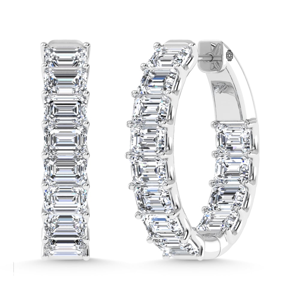 14K White Gold 4 Ct.Tw. Lab Grown Diamond Horizontal Emerald Shape In and Our Hoop Earrings