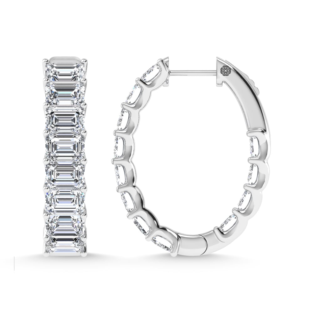 14K White Gold 4 Ct.Tw. Lab Grown Diamond Horizontal Emerald Shape In and Our Hoop Earrings