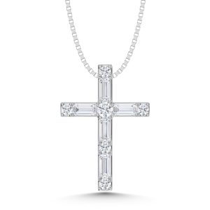 10K White Gold Lab Grown Diamond 1/4 Ct.Tw. Round and Baguette Cross Pendant With Chain