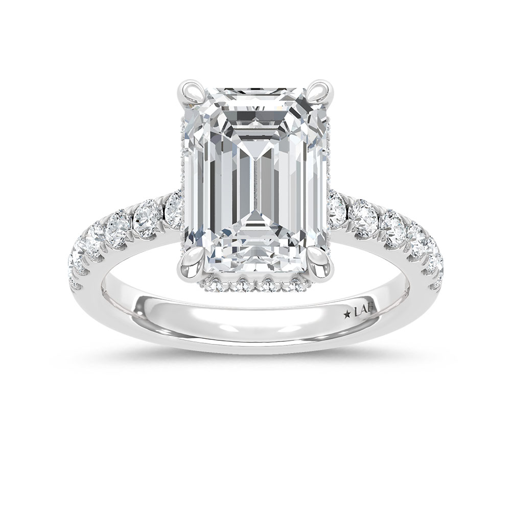 14K White Gold Lab Grown Diamond 4 1/2 Ct.Tw. Emerald Hidden Halo Engagement Ring (IGI Certified Center 4ct)