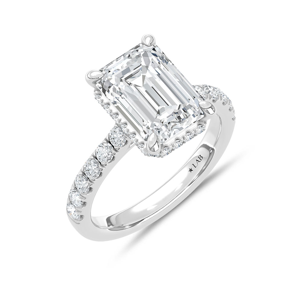 14K White Gold Lab Grown Diamond 4 1/2 Ct.Tw. Emerald Hidden Halo Engagement Ring (IGI Certified Center 4ct)