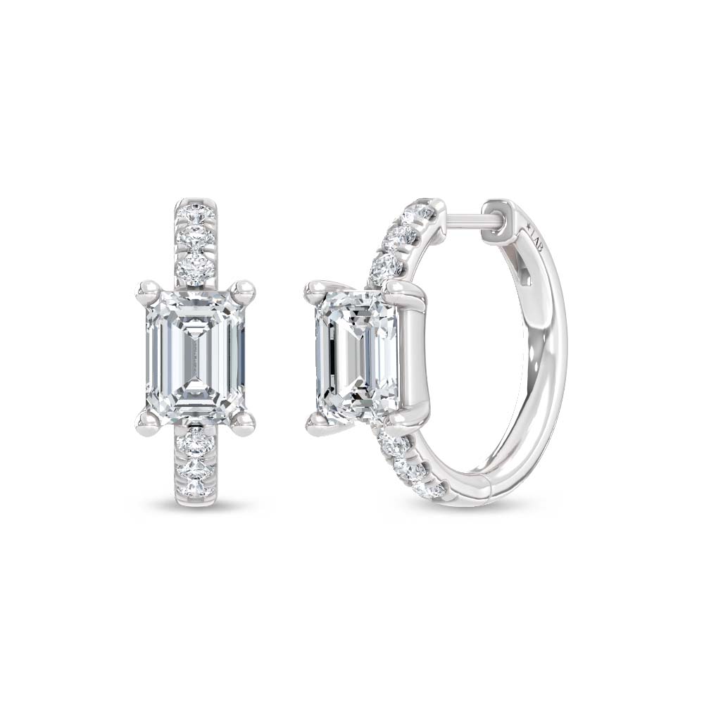14K White Gold Lab Grown Diamond 1 3/4 Ct.Tw. Emerald and Round Hoop Earrings