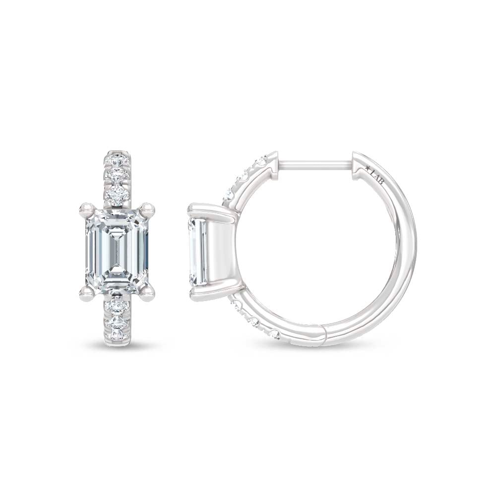 14K White Gold Lab Grown Diamond 1 3/4 Ct.Tw. Emerald and Round Hoop Earrings
