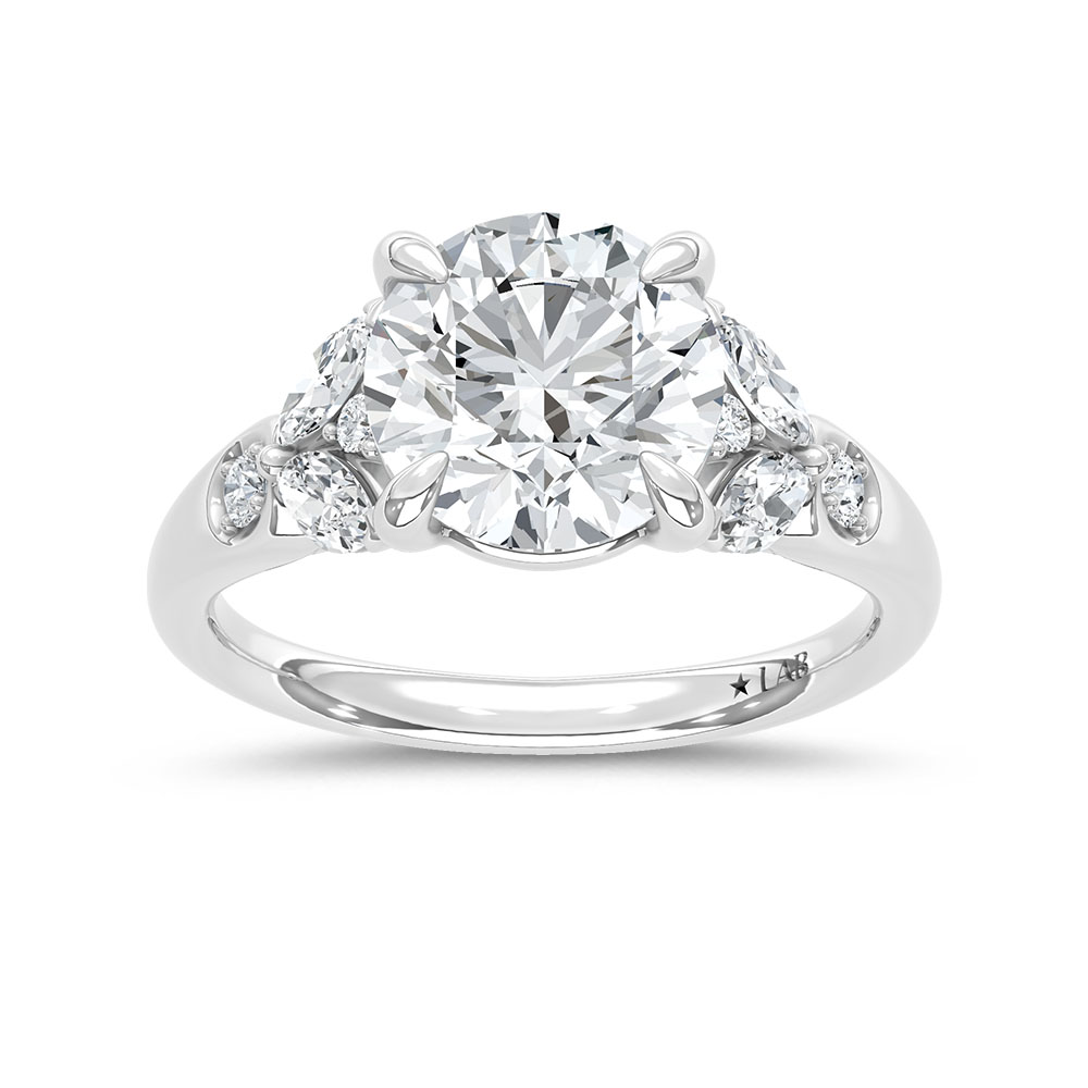 14K White Gold Lab Grown Diamond 3 1/2 Ct.Tw. Round Shape Engagement Ring (IGI Certified Center 3ct)