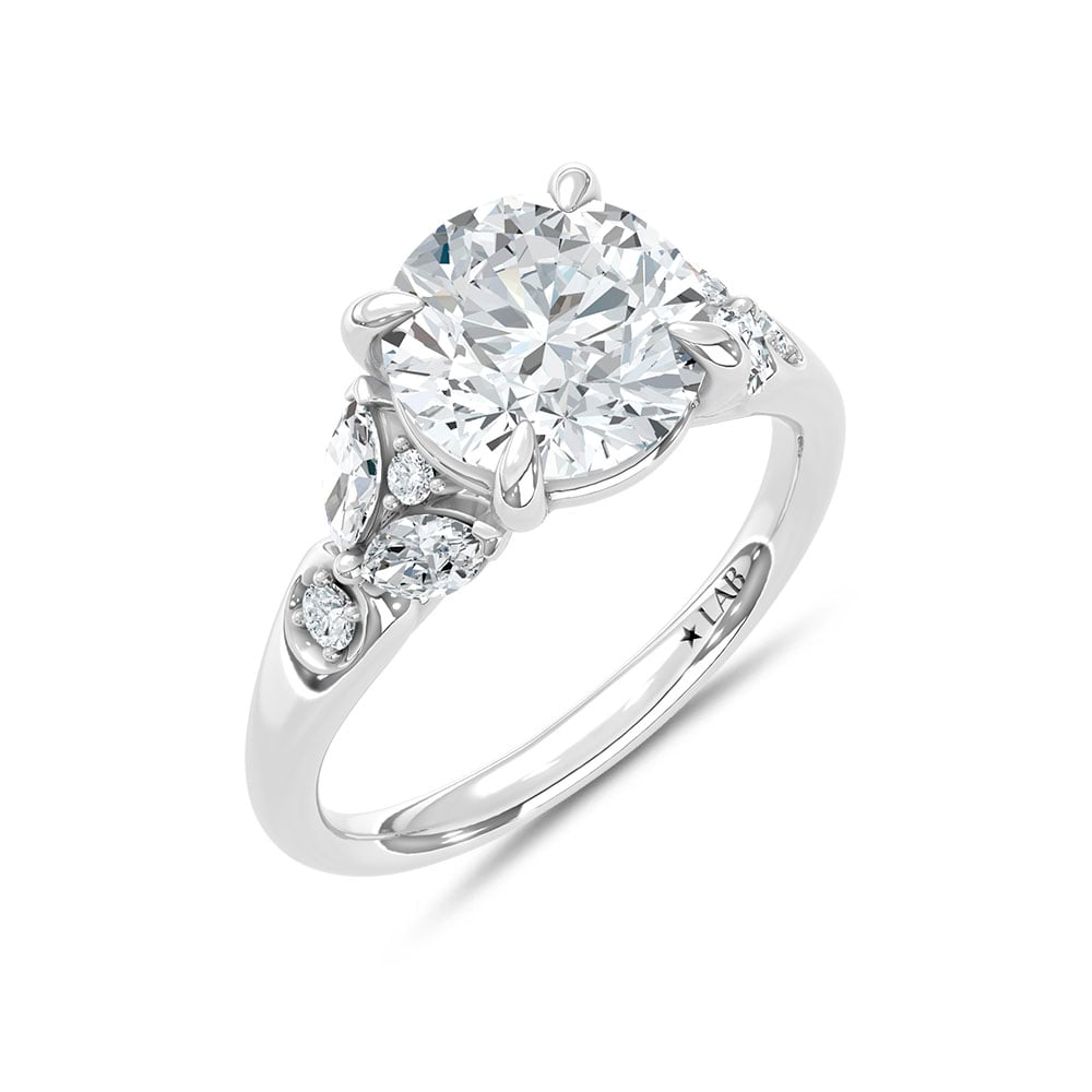 14K White Gold Lab Grown Diamond 3 1/2 Ct.Tw. Round Shape Engagement Ring (IGI Certified Center 3ct)