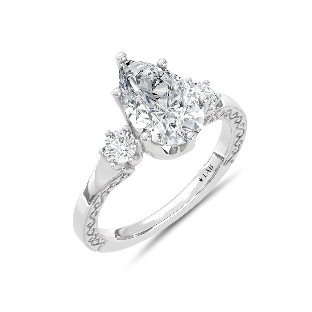 14K White Gold Lab Grown Round and Pear Diamond 2 1/3 Ct.Tw. Engagement Ring (IGI Certified Center 2ct)