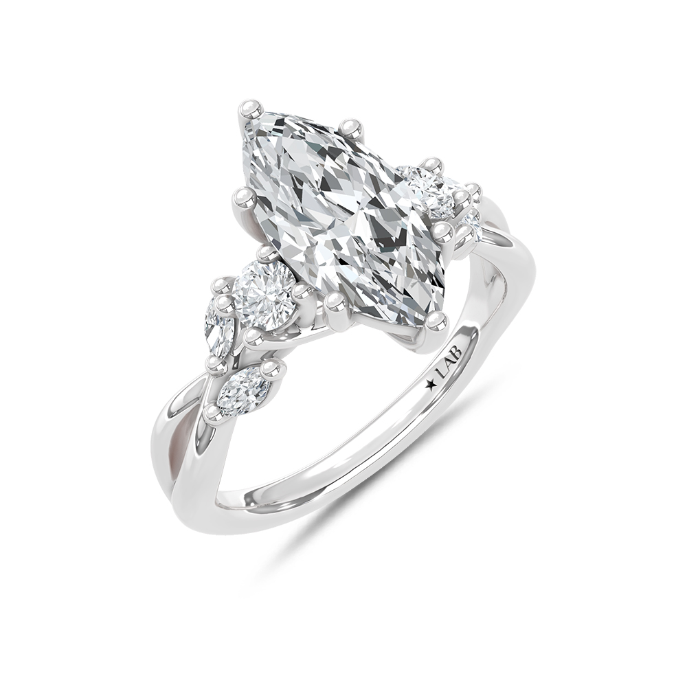 14K White Gold Lab Grown Marquise and Round Diamond 2 1/3 Ct.Tw. Engagement Ring (IGI Certified Center 2ct)