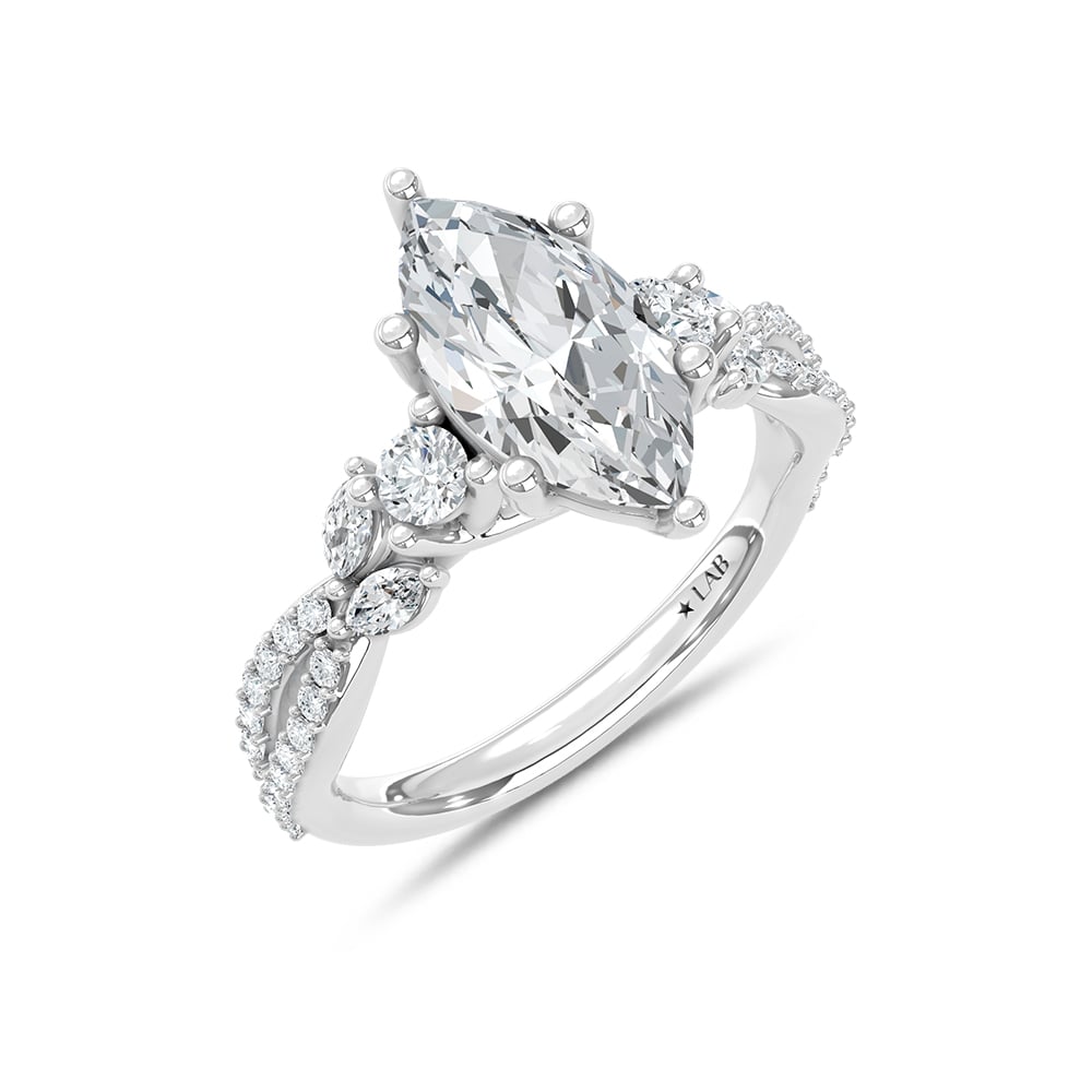 14K White Gold Lab Grown Marquise and Round Diamond 2 1/2 Ct.Tw. Engagement Ring (IGI Certified Center 2ct)