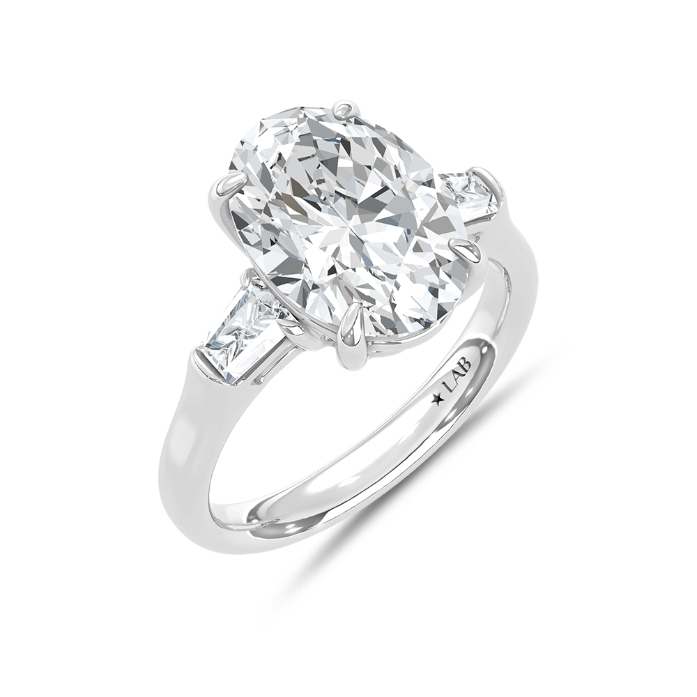 14K White Gold Lab Grown Diamond 5 1/3 Ct.Tw. Oval and Tapper Three Stone Engagement Ring