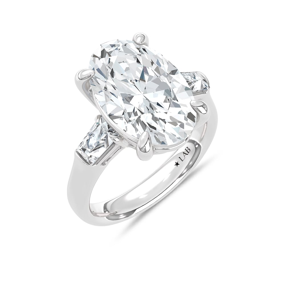 14K White Gold Lab Grown Diamond 7 1/2 Ct.Tw. Oval and Tapper Three Stone Engagement Ring